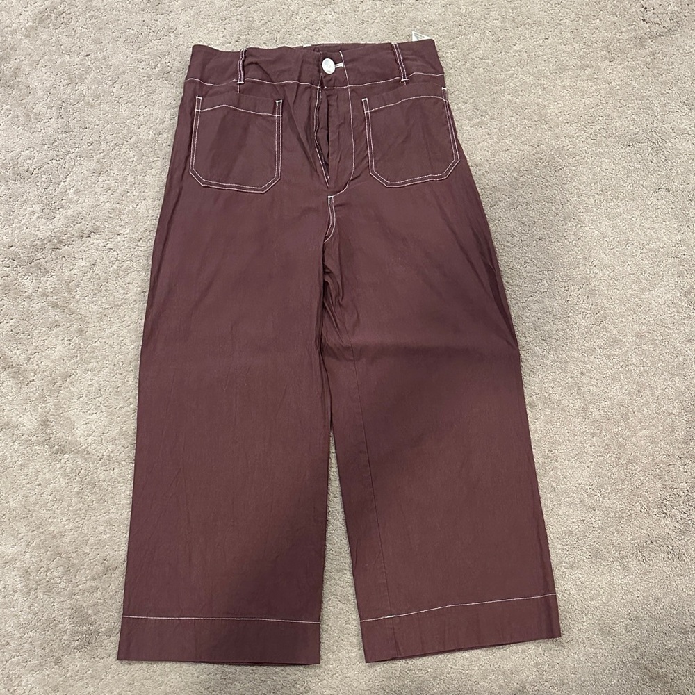 Anthropologie Maeve Colette Cropped Wide-Leg Pants Brown with White Stitching